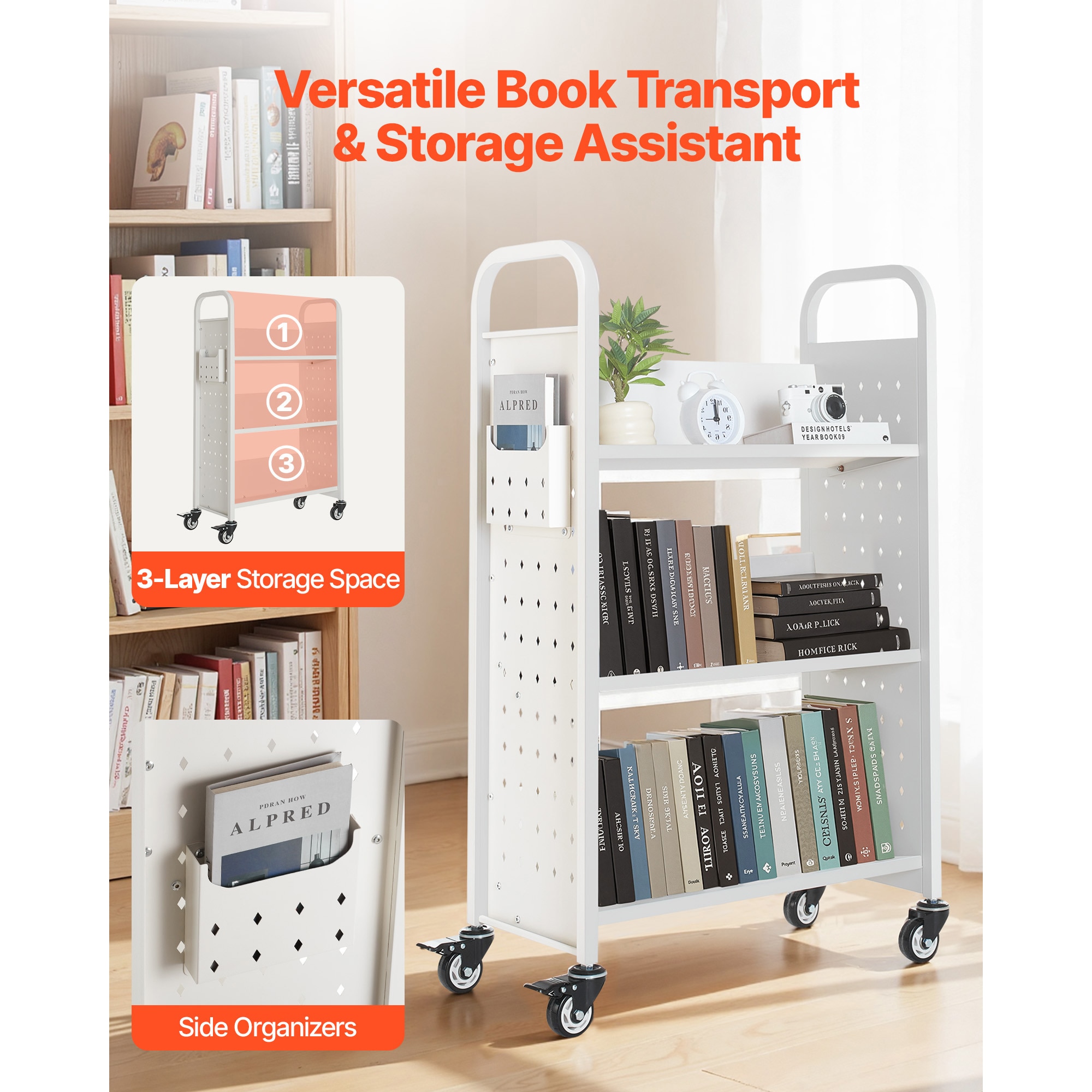 3-tier Rolling Book Cart With V-shaped Shelves In White_voghion.com